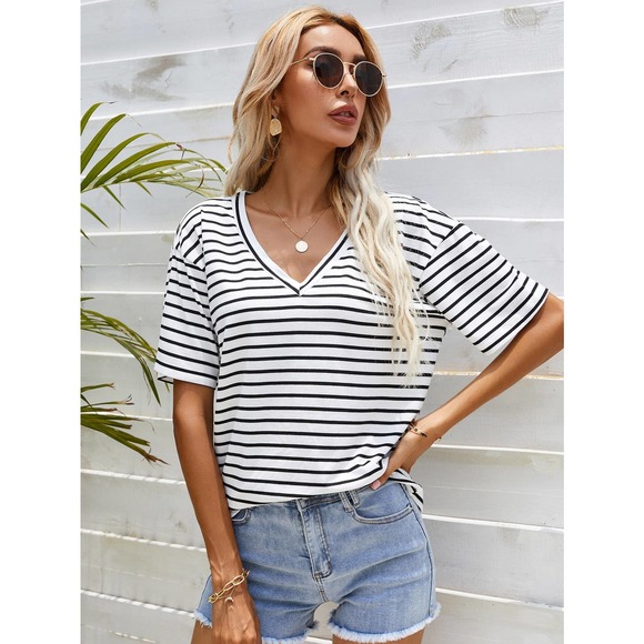 Classic preppy Striped V Neck Tee shirt top white black - Picture 2 of 11
